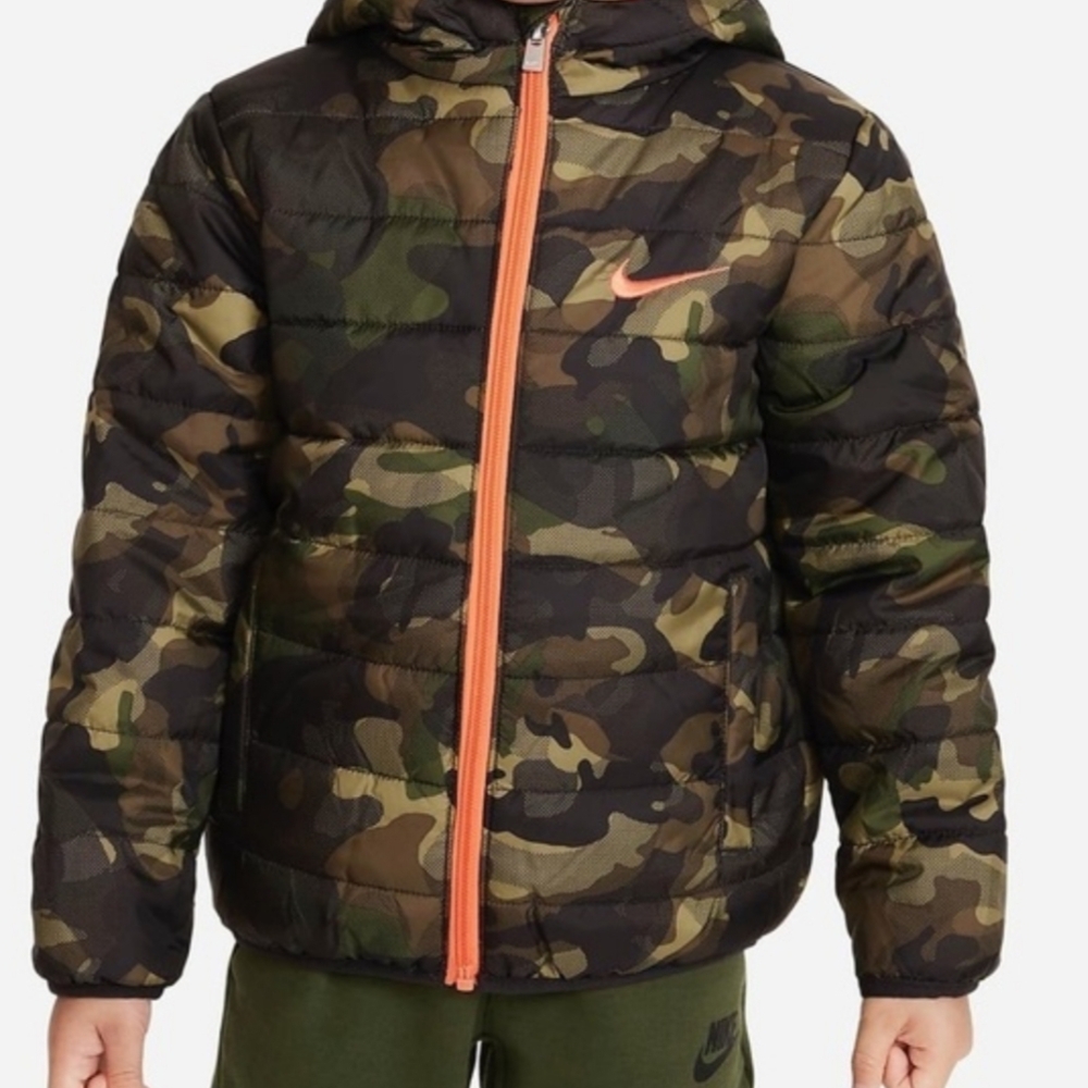 Nike Camo Puffer Jacket with Orange Accents